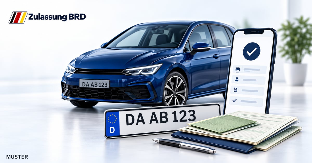 Online Fahrzeugzulassung in Babenhausen: Musterkennzeichen DA AB 123, Auto und Fahrzeugpapiere und Smartphone. Illustration mit Logo von Zulassung BRD.
